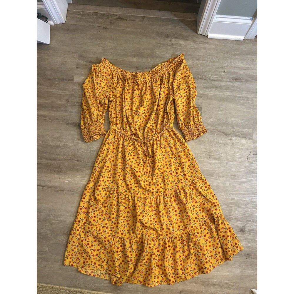 Indulge in Style 1X Yellow Floral Boho Midi Dress Smocked Cottagecore Chic - Picture 9 of 13